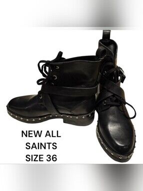 NEW ALL SAINTS Black Leather ankle boots with silver stud detail